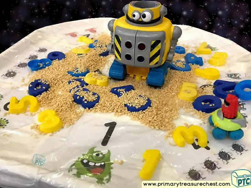 Space - Robot - Alien Themed Numbers Multi-sensory Cereals Tuff Tray Ideas and Activities